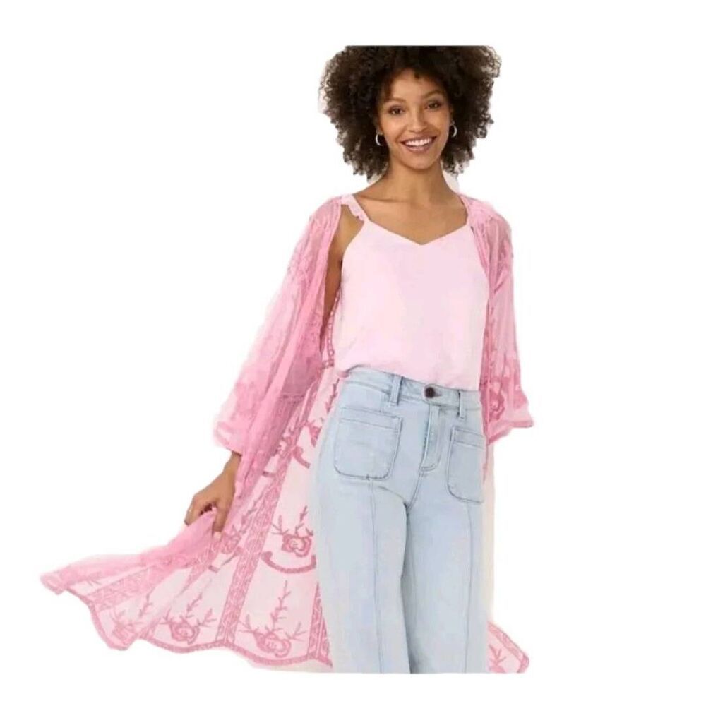 LC Lauren Conrad Womens Pink Sheer Lace Long Duster Sz OS NWOT Orig.$54